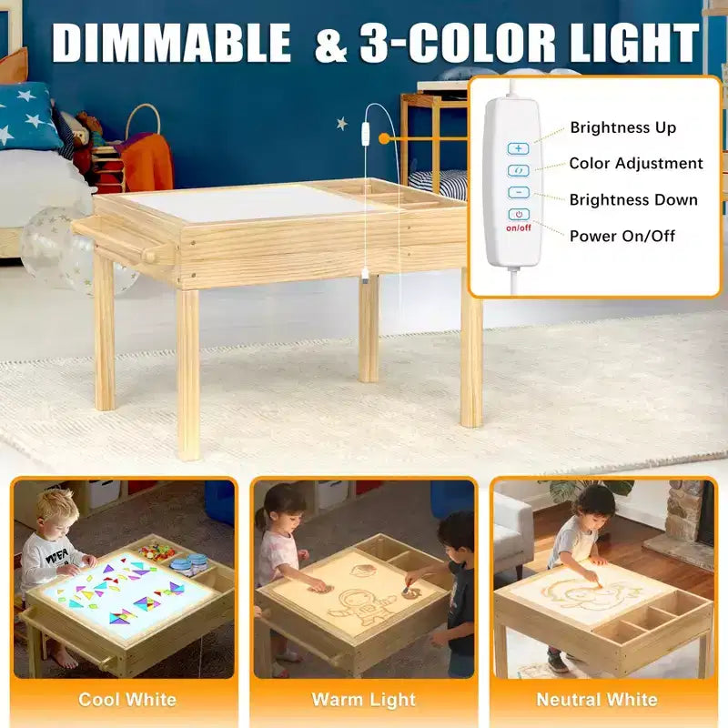 Table lumineuse 3-en-1 pour enfants avec rangement, table d'activités LED sensorielle pour blocs de construction et dessin, à partir de 3 ans
