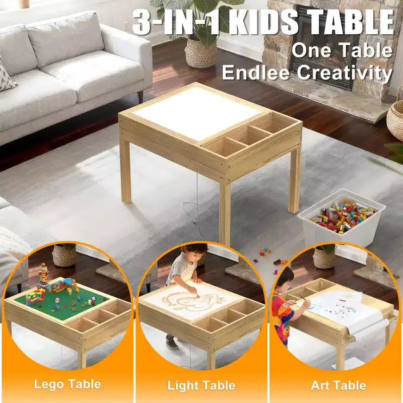 Table lumineuse 3-en-1 pour enfants avec rangement, table d'activités LED sensorielle pour blocs de construction et dessin, à partir de 3 ans