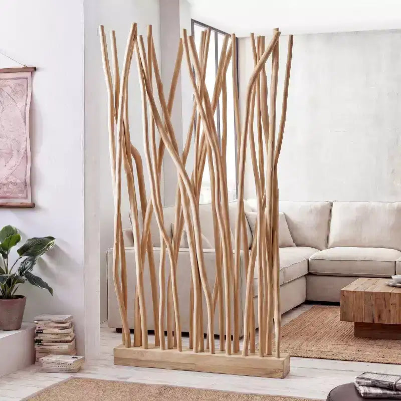 Paravent simple en branches de teck fait main style Bohème Côtier 99cm L x 173cm H
