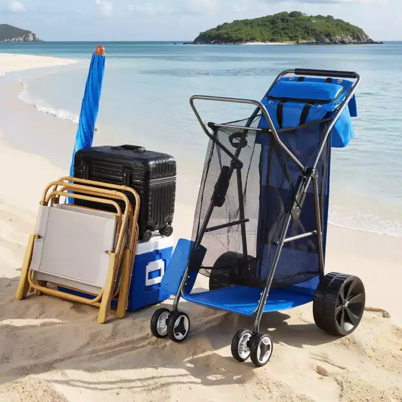 Chariot de plage à grandes roues pour sable, capacité de charge de 75 kg, pliable, robuste, bleu et gris