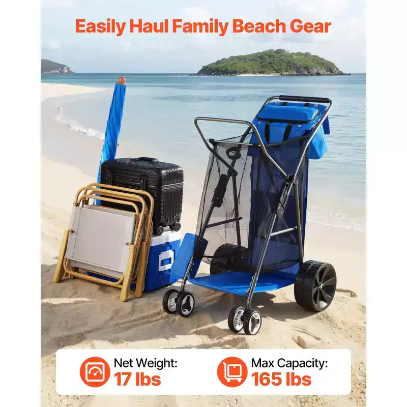 Chariot de plage à grandes roues pour sable, capacité de charge de 75 kg, pliable, robuste, bleu et gris