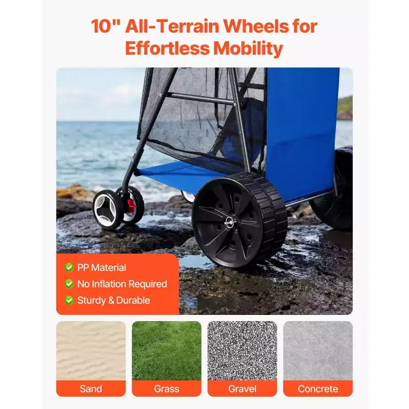 Chariot de plage à grandes roues pour sable, capacité de charge de 75 kg, pliable, robuste, bleu et gris