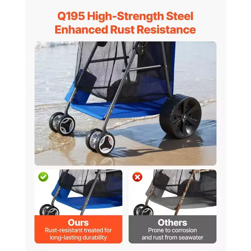 Chariot de plage à grandes roues pour sable, capacité de charge de 75 kg, pliable, robuste, bleu et gris
