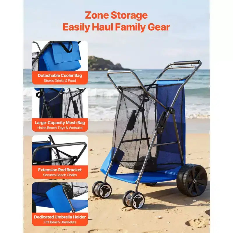 Chariot de plage à grandes roues pour sable, capacité de charge de 75 kg, pliable, robuste, bleu et gris