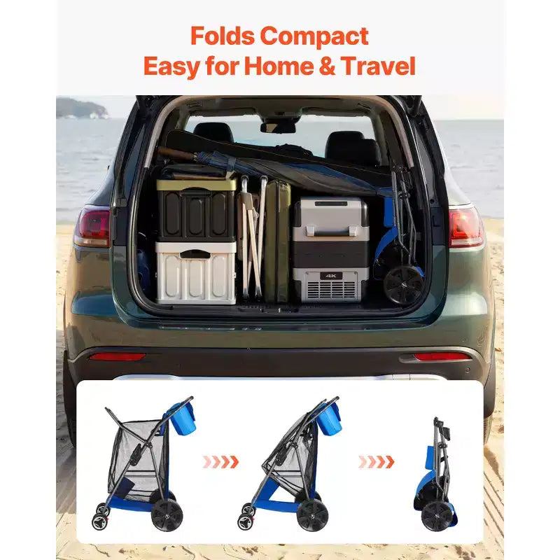 Chariot de plage à grandes roues pour sable, capacité de charge de 75 kg, pliable, robuste, bleu et gris