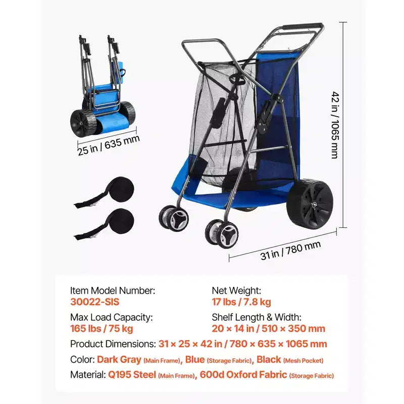 Chariot de plage à grandes roues pour sable, capacité de charge de 75 kg, pliable, robuste, bleu et gris