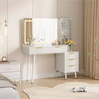 Makeup Vanity Desk with Lights, 48 Fluted Vanity with Glass Top and 36 HD Lighted Mirror, Dressing Table with 5 Drawers 3-Tier Shelves, White