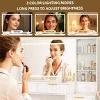 Coiffeuse à cannelures de 48 pouces avec lumières, plateau en verre, miroir éclairé HD de 36 pouces, 5 tiroirs, 3 étagères, blanc