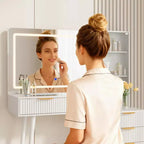 Coiffeuse à cannelures de 48 pouces avec lumières, plateau en verre, miroir éclairé HD de 36 pouces, 5 tiroirs, 3 étagères, blanc