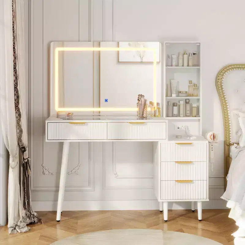 Coiffeuse à cannelures de 48 pouces avec lumières, plateau en verre, miroir éclairé HD de 36 pouces, 5 tiroirs, 3 étagères, blanc