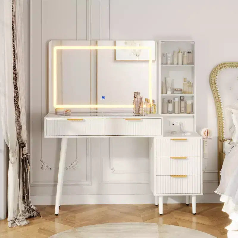 Coiffeuse à cannelures de 48 pouces avec lumières, plateau en verre, miroir éclairé HD de 36 pouces, 5 tiroirs, 3 étagères, blanc