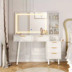 Coiffeuse à cannelures de 48 pouces avec lumières, plateau en verre, miroir éclairé HD de 36 pouces, 5 tiroirs, 3 étagères, blanc