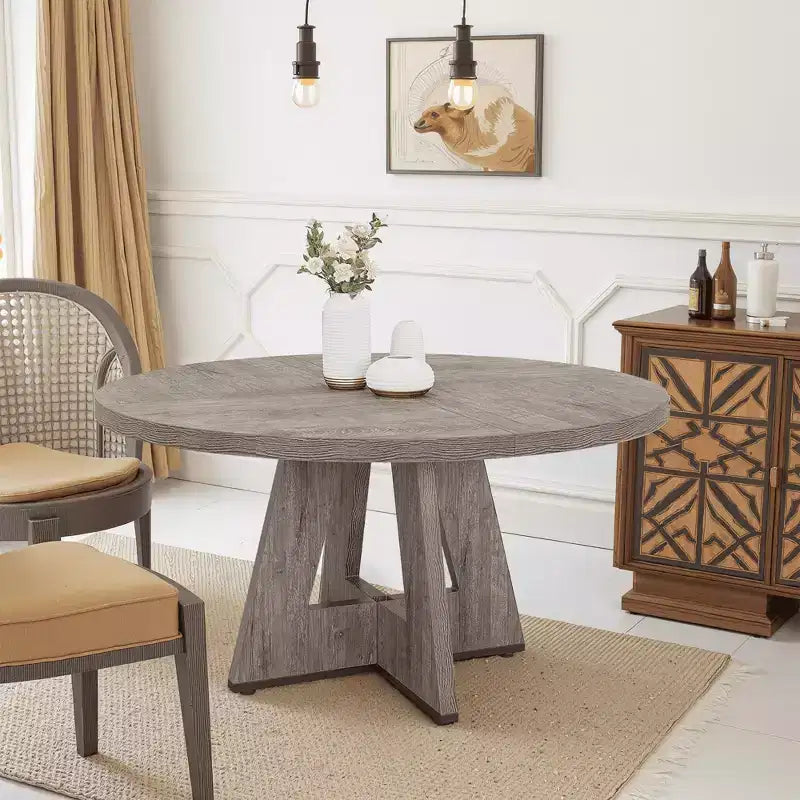 47 Inch Round Farmhouse Dining Table 4 Seater Rustic Kitchen Table with Metal Frame MDF Top