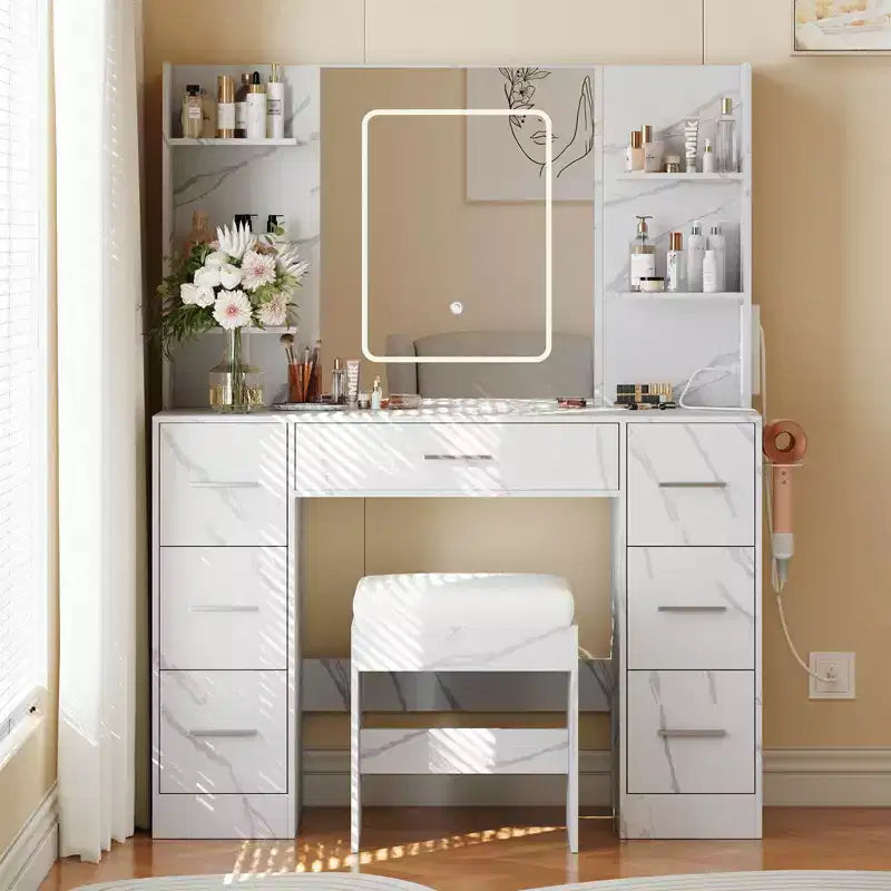 Coiffeuse de 43 pouces avec miroir et lumière LED, 7 tiroirs, étagères, support pour sèche-cheveux, table de maquillage pour chambre à coucher