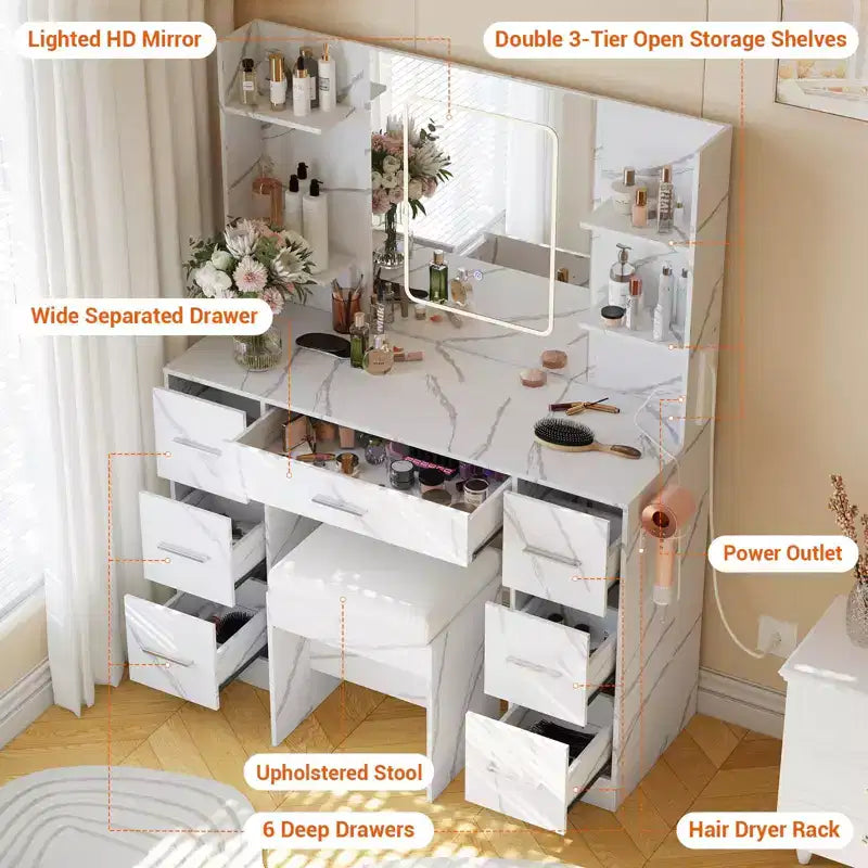 Coiffeuse de 43 pouces avec miroir et lumière LED, 7 tiroirs, étagères, support pour sèche-cheveux, table de maquillage pour chambre à coucher