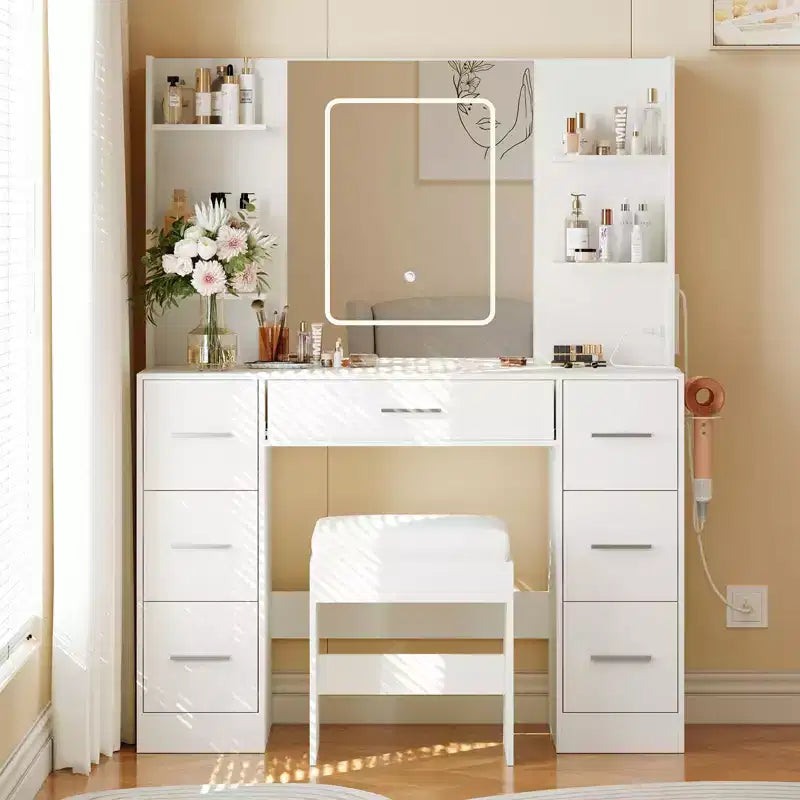 Coiffeuse de 43 pouces avec miroir et lumière LED, 7 tiroirs, étagères, support pour sèche-cheveux, table de maquillage pour chambre à coucher