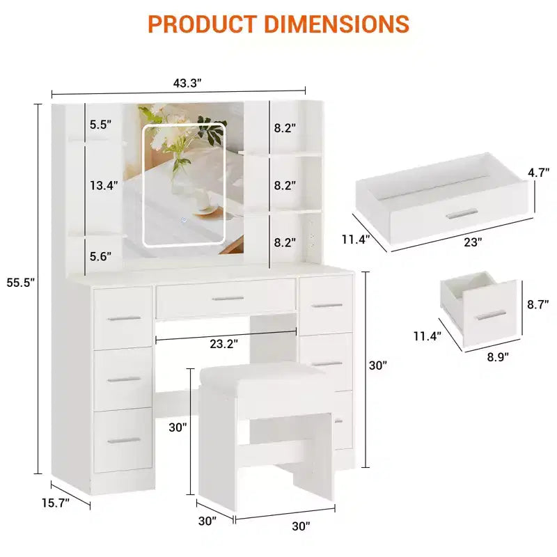 Coiffeuse de 43 pouces avec miroir et lumière LED, 7 tiroirs, étagères, support pour sèche-cheveux, table de maquillage pour chambre à coucher