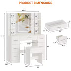 Coiffeuse de 43 pouces avec miroir et lumière LED, 7 tiroirs, étagères, support pour sèche-cheveux, table de maquillage pour chambre à coucher