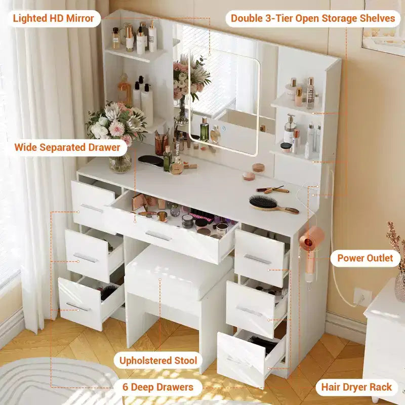 Coiffeuse de 43 pouces avec miroir et lumière LED, 7 tiroirs, étagères, support pour sèche-cheveux, table de maquillage pour chambre à coucher
