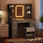 Coiffeuse de 43 pouces avec miroir et lumière LED, 7 tiroirs, étagères, support pour sèche-cheveux, table de maquillage pour chambre à coucher