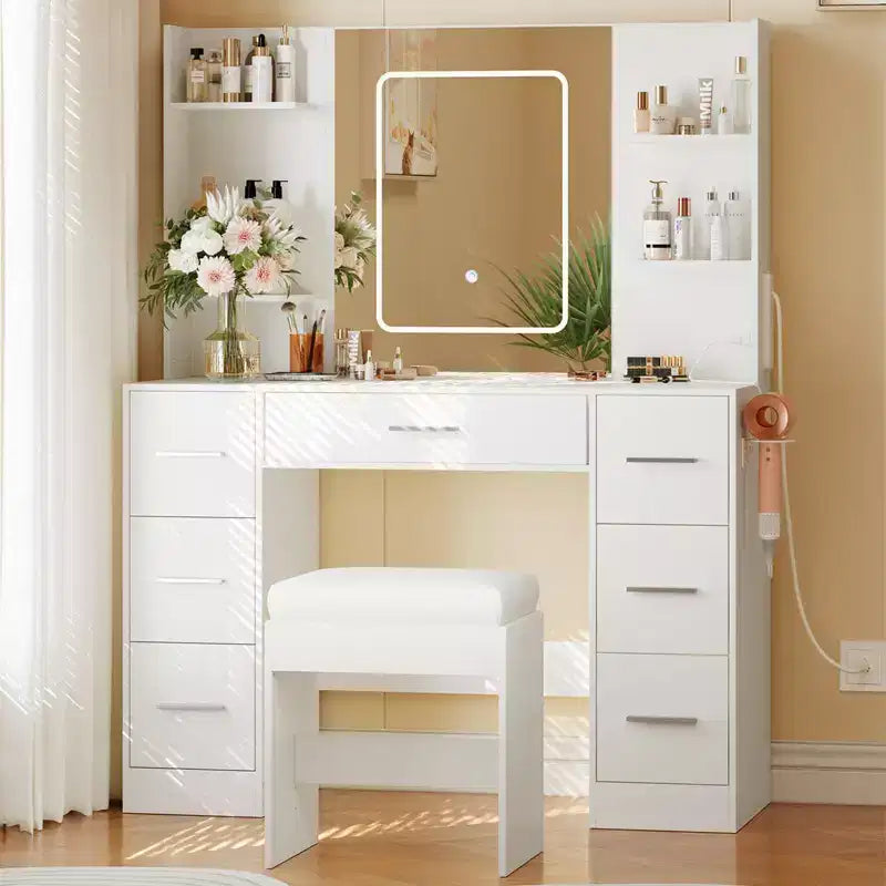 Coiffeuse de 43 pouces avec miroir et lumière LED, 7 tiroirs, étagères, support pour sèche-cheveux, table de maquillage pour chambre à coucher