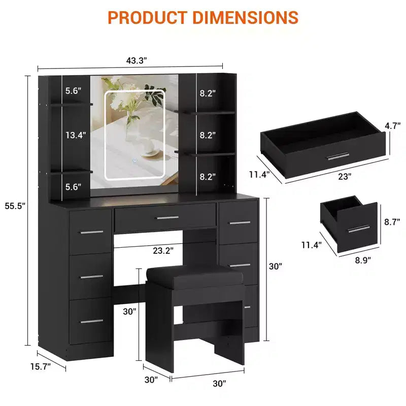 Coiffeuse de 43 pouces avec miroir et lumière LED, 7 tiroirs, étagères, support pour sèche-cheveux, table de maquillage pour chambre à coucher