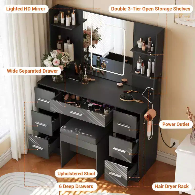 Coiffeuse de 43 pouces avec miroir et lumière LED, 7 tiroirs, étagères, support pour sèche-cheveux, table de maquillage pour chambre à coucher