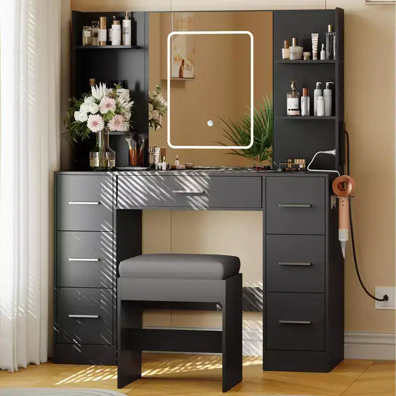 Coiffeuse de 43 pouces avec miroir et lumière LED, 7 tiroirs, étagères, support pour sèche-cheveux, table de maquillage pour chambre à coucher