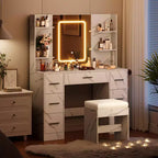 Coiffeuse de 43 pouces avec miroir et lumière LED, 7 tiroirs, étagères, support pour sèche-cheveux, table de maquillage pour chambre à coucher
