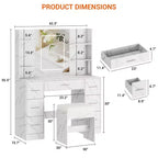 Coiffeuse de 43 pouces avec miroir et lumière LED, 7 tiroirs, étagères, support pour sèche-cheveux, table de maquillage pour chambre à coucher