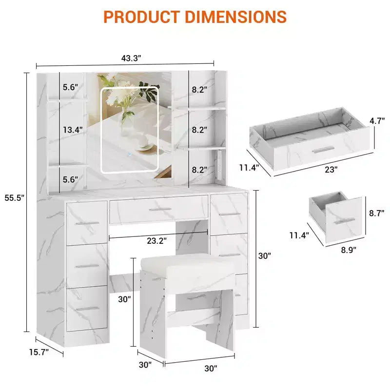 Coiffeuse de 43 pouces avec miroir et lumière LED, 7 tiroirs, étagères, support pour sèche-cheveux, table de maquillage pour chambre à coucher