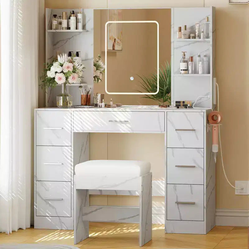 Coiffeuse de 43 pouces avec miroir et lumière LED, 7 tiroirs, étagères, support pour sèche-cheveux, table de maquillage pour chambre à coucher