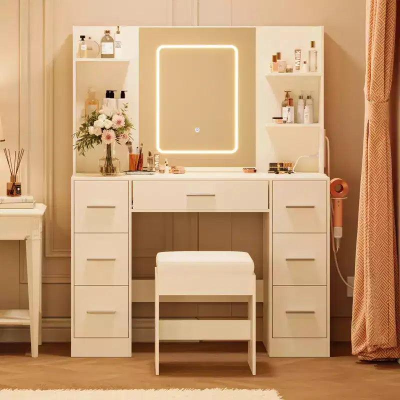 Coiffeuse de 43 pouces avec miroir et lumière LED, 7 tiroirs, étagères, support pour sèche-cheveux, table de maquillage pour chambre à coucher
