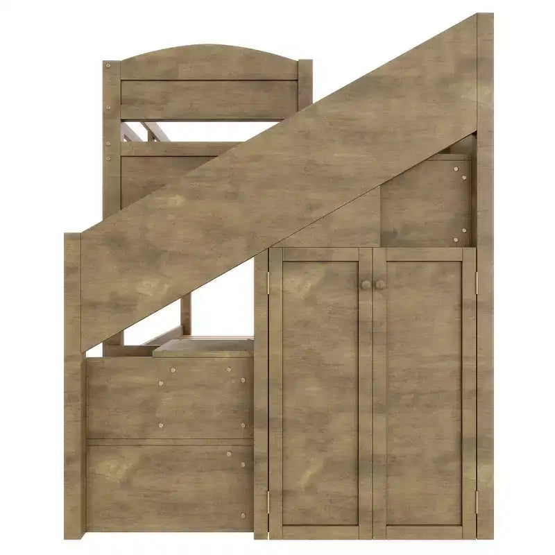 Cadre de Lit Superposé Twin XL avec Lit Gigogne, Escalier de Rangement, Armoire et 3 Tiroirs pour Enfants