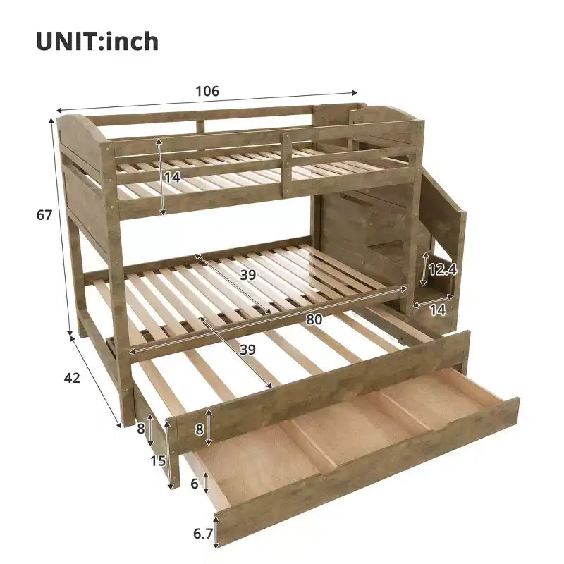 Cadre de Lit Superposé Twin XL avec Lit Gigogne, Escalier de Rangement, Armoire et 3 Tiroirs pour Enfants
