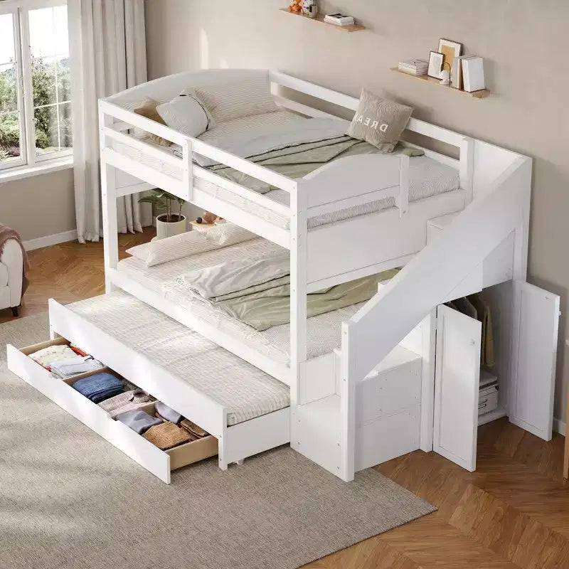 Cadre de Lit Superposé Twin XL avec Lit Gigogne, Escalier de Rangement, Armoire et 3 Tiroirs pour Enfants
