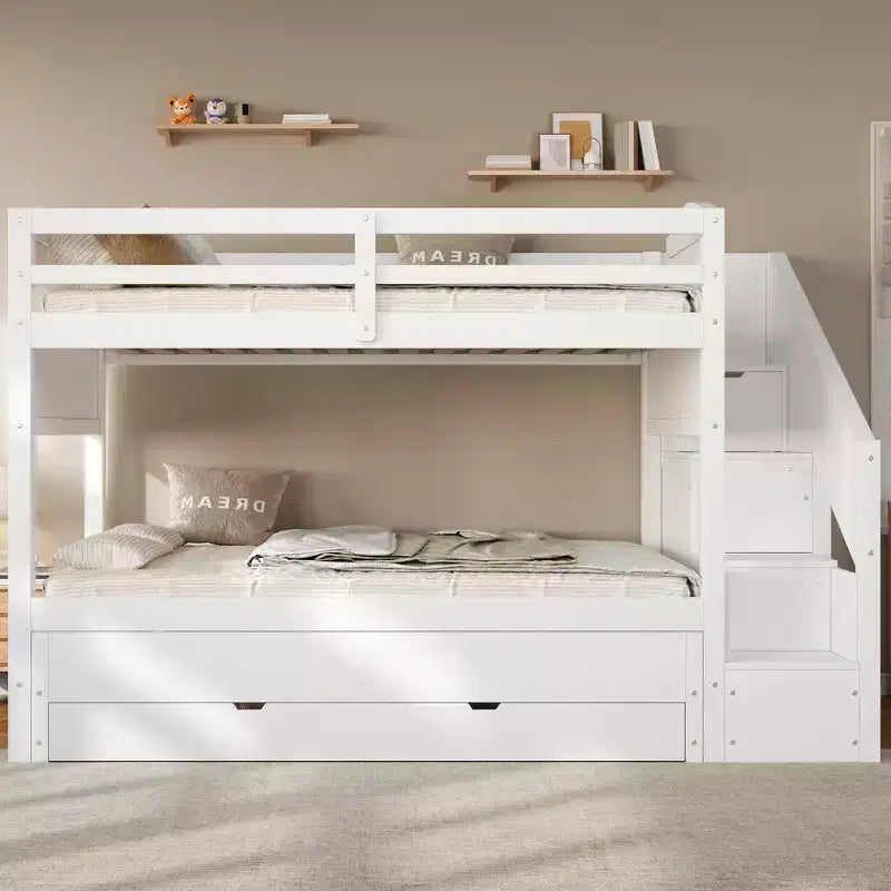 Cadre de Lit Superposé Twin XL avec Lit Gigogne, Escalier de Rangement, Armoire et 3 Tiroirs pour Enfants