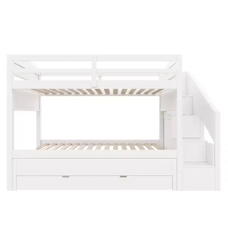 Cadre de Lit Superposé Twin XL avec Lit Gigogne, Escalier de Rangement, Armoire et 3 Tiroirs pour Enfants