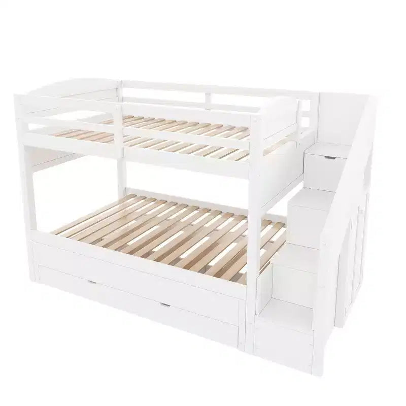 Cadre de Lit Superposé Twin XL avec Lit Gigogne, Escalier de Rangement, Armoire et 3 Tiroirs pour Enfants