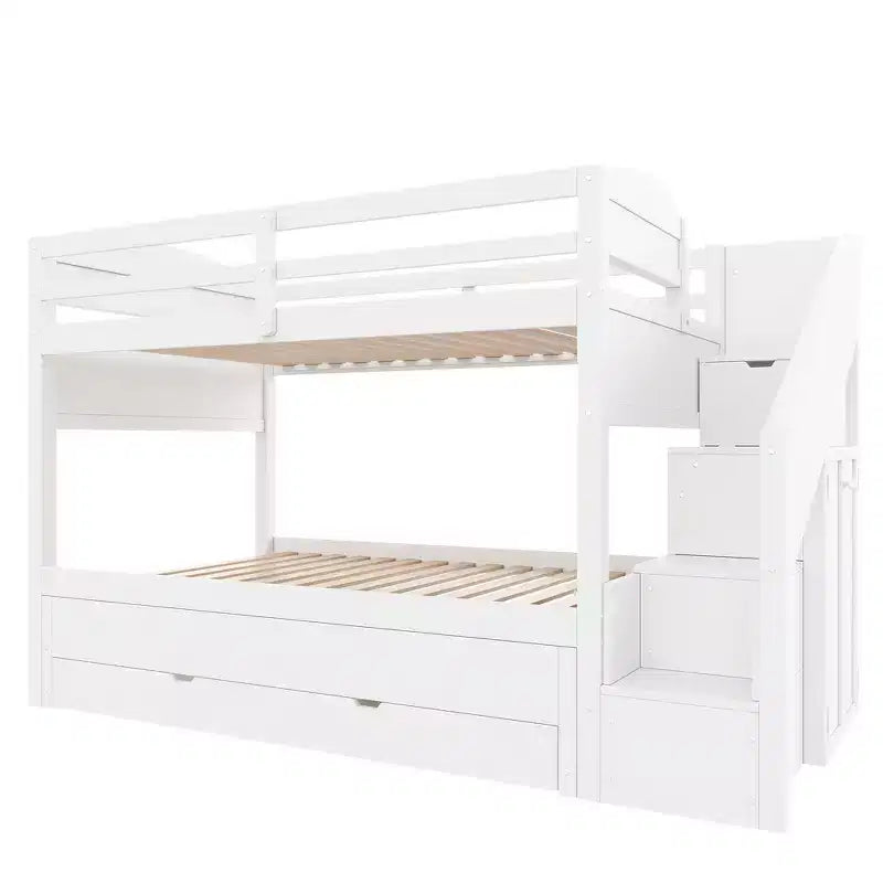 Cadre de Lit Superposé Twin XL avec Lit Gigogne, Escalier de Rangement, Armoire et 3 Tiroirs pour Enfants