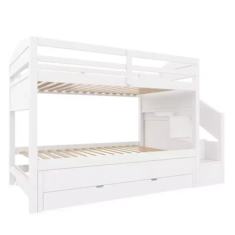 Cadre de Lit Superposé Twin XL avec Lit Gigogne, Escalier de Rangement, Armoire et 3 Tiroirs pour Enfants