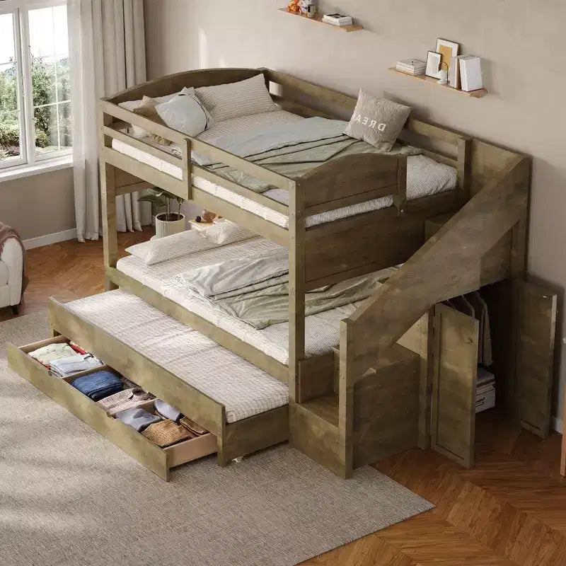 Cadre de Lit Superposé Twin XL avec Lit Gigogne, Escalier de Rangement, Armoire et 3 Tiroirs pour Enfants