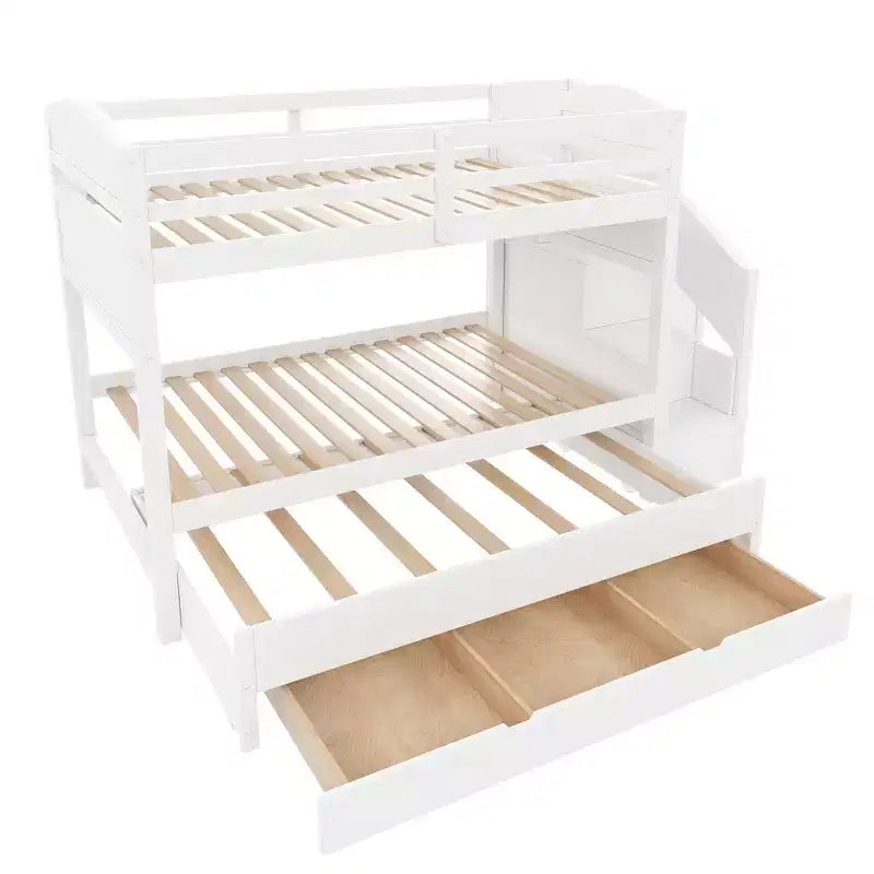 Cadre de Lit Superposé Twin XL avec Lit Gigogne, Escalier de Rangement, Armoire et 3 Tiroirs pour Enfants