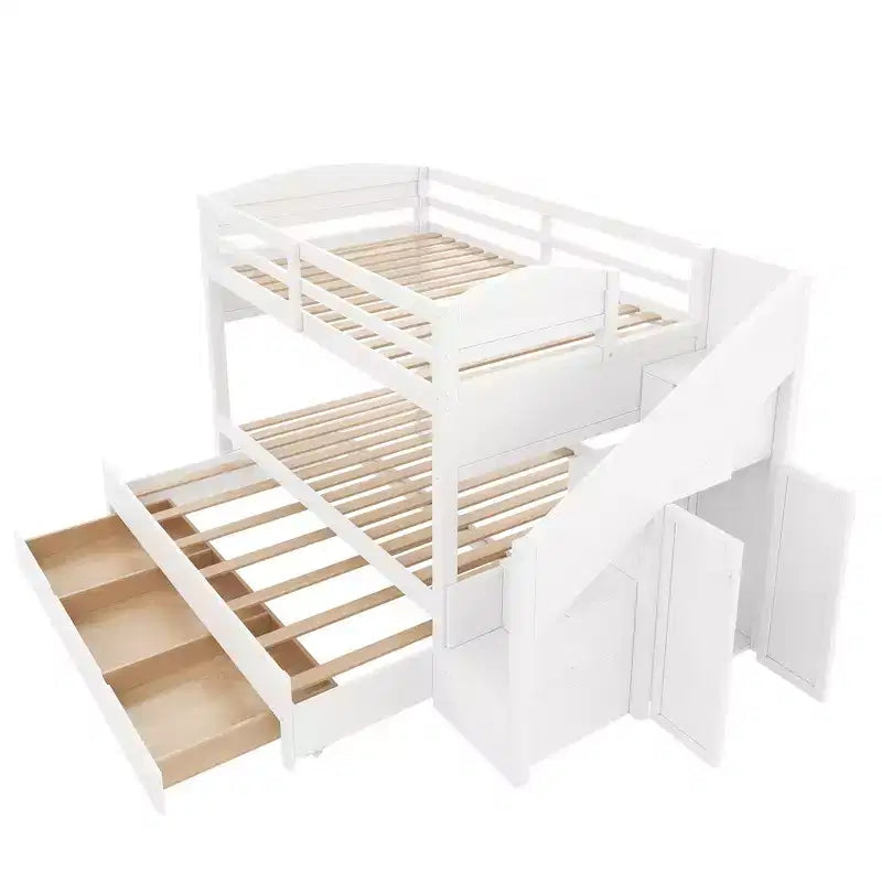 Cadre de Lit Superposé Twin XL avec Lit Gigogne, Escalier de Rangement, Armoire et 3 Tiroirs pour Enfants
