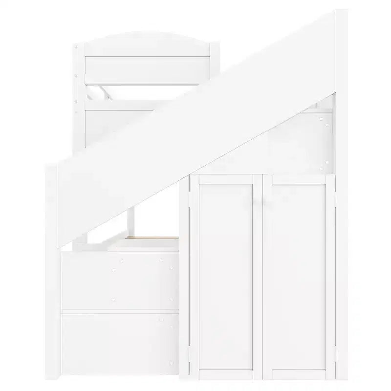Cadre de Lit Superposé Twin XL avec Lit Gigogne, Escalier de Rangement, Armoire et 3 Tiroirs pour Enfants