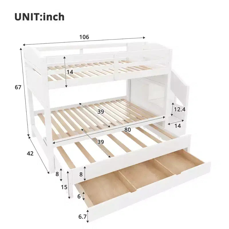 Cadre de Lit Superposé Twin XL avec Lit Gigogne, Escalier de Rangement, Armoire et 3 Tiroirs pour Enfants