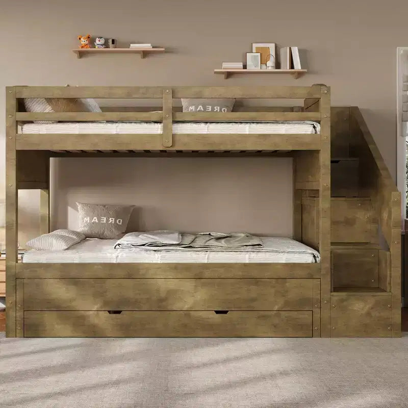 Cadre de Lit Superposé Twin XL avec Lit Gigogne, Escalier de Rangement, Armoire et 3 Tiroirs pour Enfants