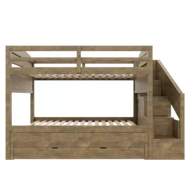 Cadre de Lit Superposé Twin XL avec Lit Gigogne, Escalier de Rangement, Armoire et 3 Tiroirs pour Enfants
