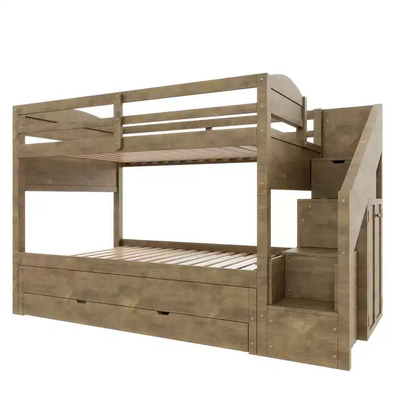 Cadre de Lit Superposé Twin XL avec Lit Gigogne, Escalier de Rangement, Armoire et 3 Tiroirs pour Enfants
