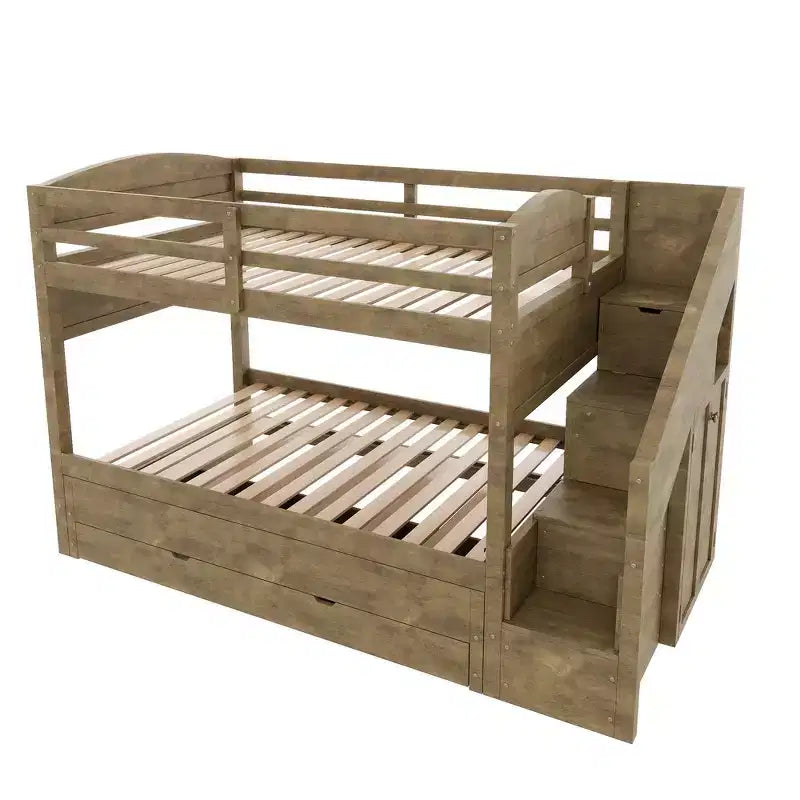 Cadre de Lit Superposé Twin XL avec Lit Gigogne, Escalier de Rangement, Armoire et 3 Tiroirs pour Enfants